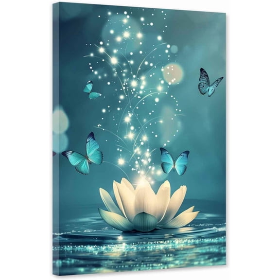 ZHONGYUTONG Lotus Flower Wall Art Teal Zen Canvas Print Spiritual Meditation Pictures Yoga Spa Floral Painting for Bathroom Decor Framed (12.00" x 18.00")