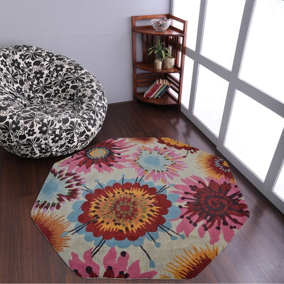 Rugsotic Carpets Hand Tufted Wool Eco-Friendly 8'x8' Octagon Cream Floral Modern High Pile Thick Handmade Anti Skid Indoor Area Rug K00504