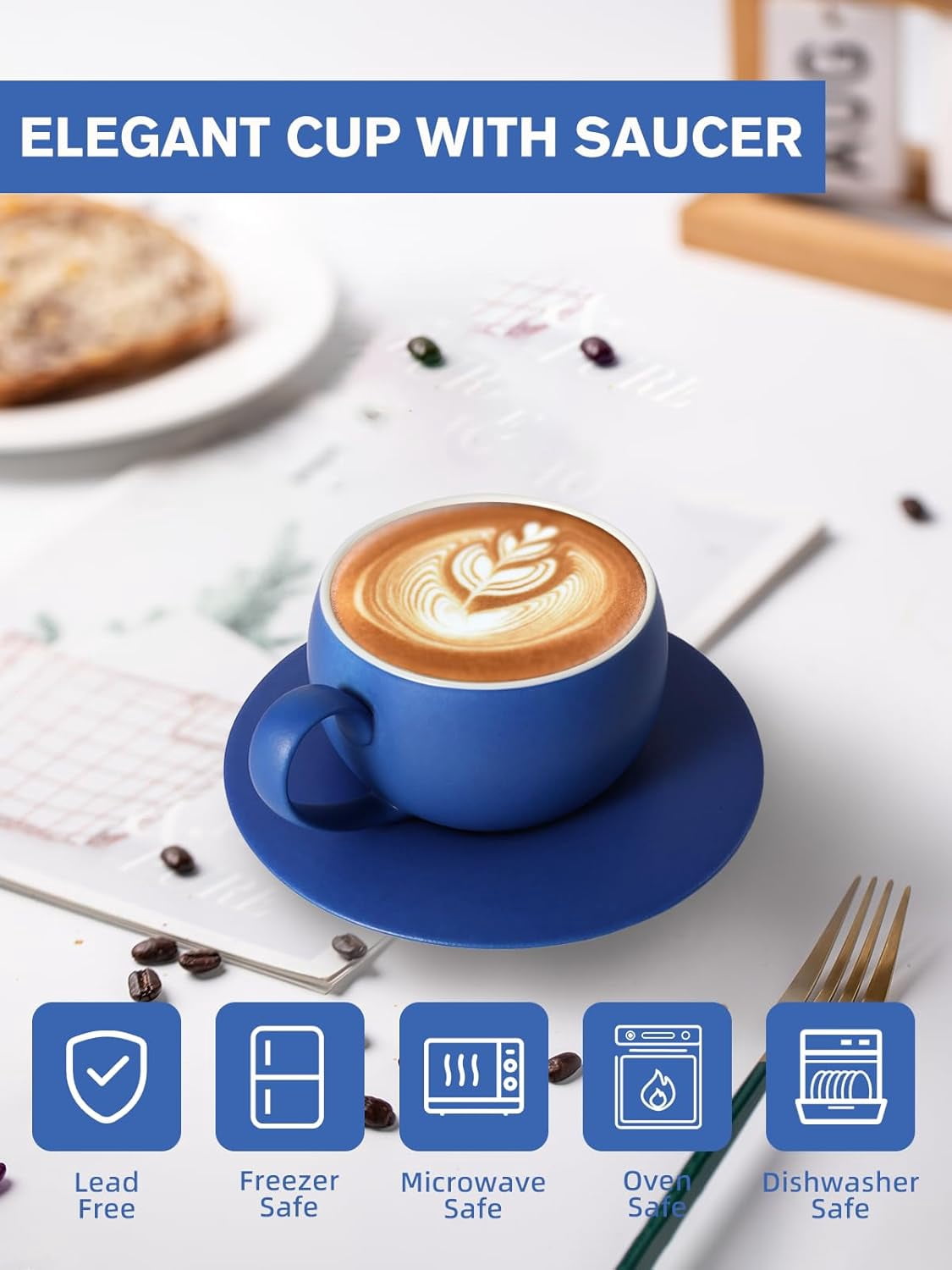 ABCISI Ceramic Coffee Cup with Saucer, 8.8 Oz  Lovely Round Shape Cafe Cup with Excellent Insulation Properties for Latte, Cappuccino, Espresso, Mocha, Coffee, Tea Cup Set,Blue