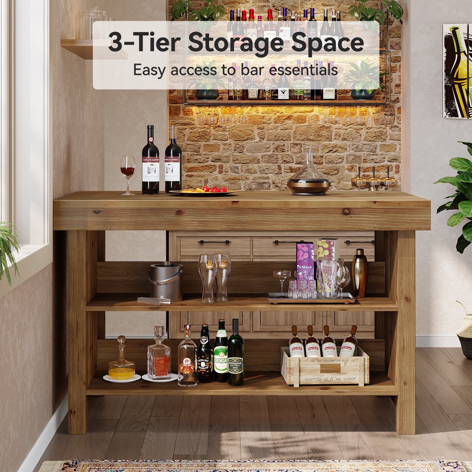 Fnova 55" Solid Wood Bar Cabinet, 3-Tier Farmhouse Home Bar Unit with Open Storage Shelves for Dining Room, Living Room, Basement, Brown