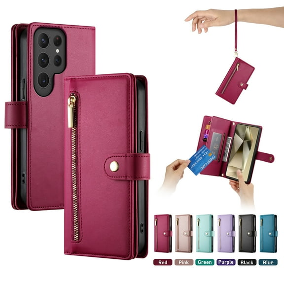 ELEHOLD for Samsung Galaxy S24 Ultra Flip Case, Wallet Zipper Magnetic Buckle Kickstand Wrist Strap Multifunctional Card Slots Wallet Business Case with Crossbody and Wrist Strap,Red