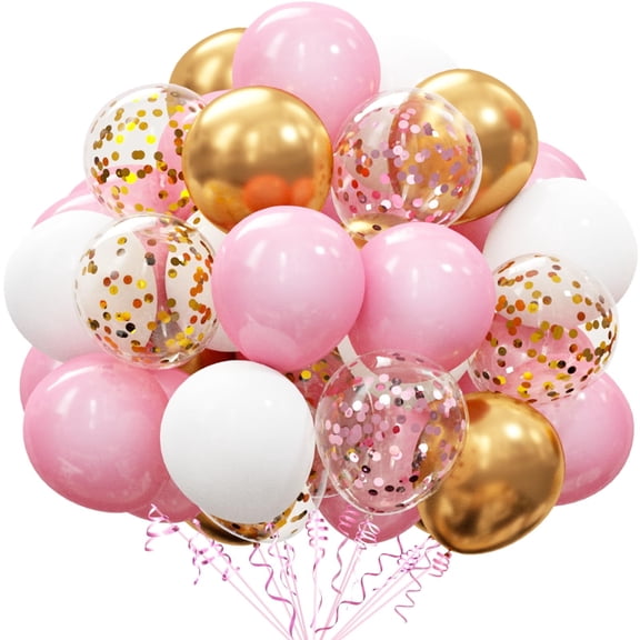 60Pcs Pink Gold Confetti Latex Balloons Kit, 12 Inch Pink White Gold Helium Balloons Party Supplies for Confession Proposal Wedding Girl Birthday Baby Shower Party Decorations