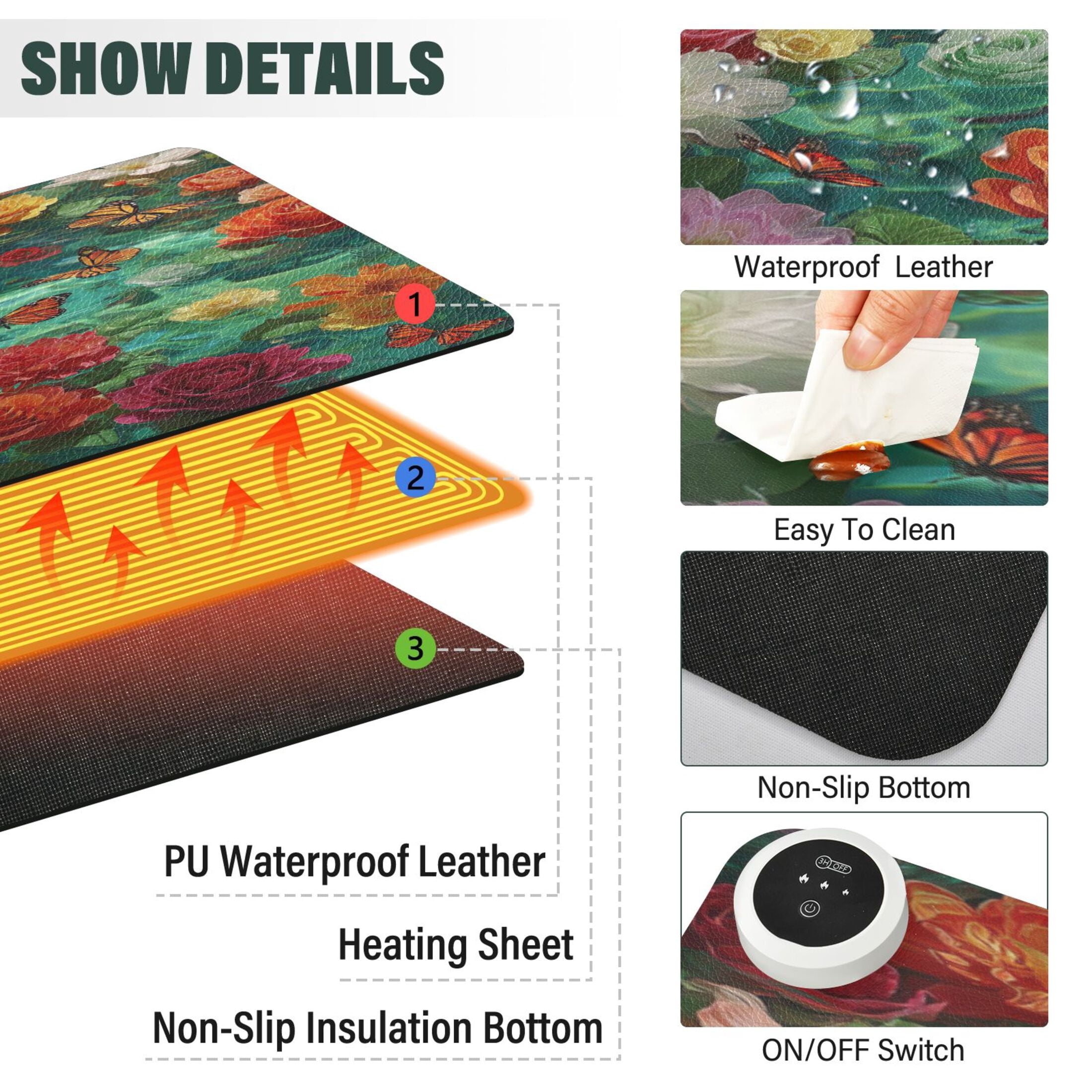 Large Heated Desk Mat Mouse Pad 31.5"x13"PU Leather Graphene Heating Desk Warmer with 3 Temperature Settings 110V US Plug Non-Slip Warm Pad for Home, Office, and Gaming Beautiful Flowers Of Colors