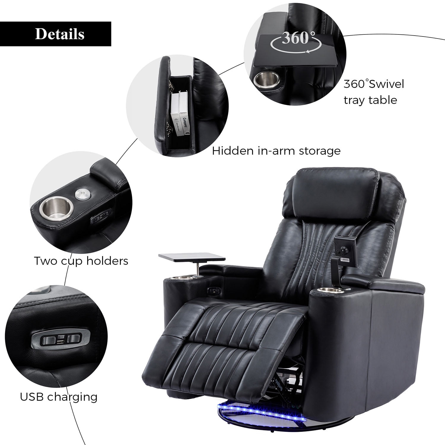 Kepooman Power Recliner, Leather Power Recliner with Concealed Arm Storage with Comfort Backrest, LED Lights, Cup Holder, 271° Swivel Home Theater Recliner, Beige Kepooman Power Recliner, Leather Power Recliner with Concealed Arm Storage with Comfort Backrest, LED Lights, Cup Holder, 271° Swivel Home Theater Recliner, Beige