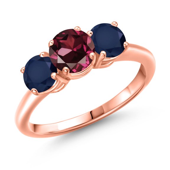 Gem Stone King 18K Rose Gold Plated Silver Red Rhodolite Garnet and Blue Sapphire Engagement Ring for Women | 2.20 Cttw | Round 6MM | Gemstone January Birthstone | Size 7