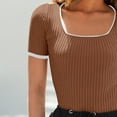 thumbnail image 4 of WTXUE T-Shirts Short Sleeve, Square Neck Shirts for Women's Square Neck Color Block T Shirt 2024 Summer Sli Crop Tops Solid, Knit Tops | Casual for Women Brown M, 4 of 8