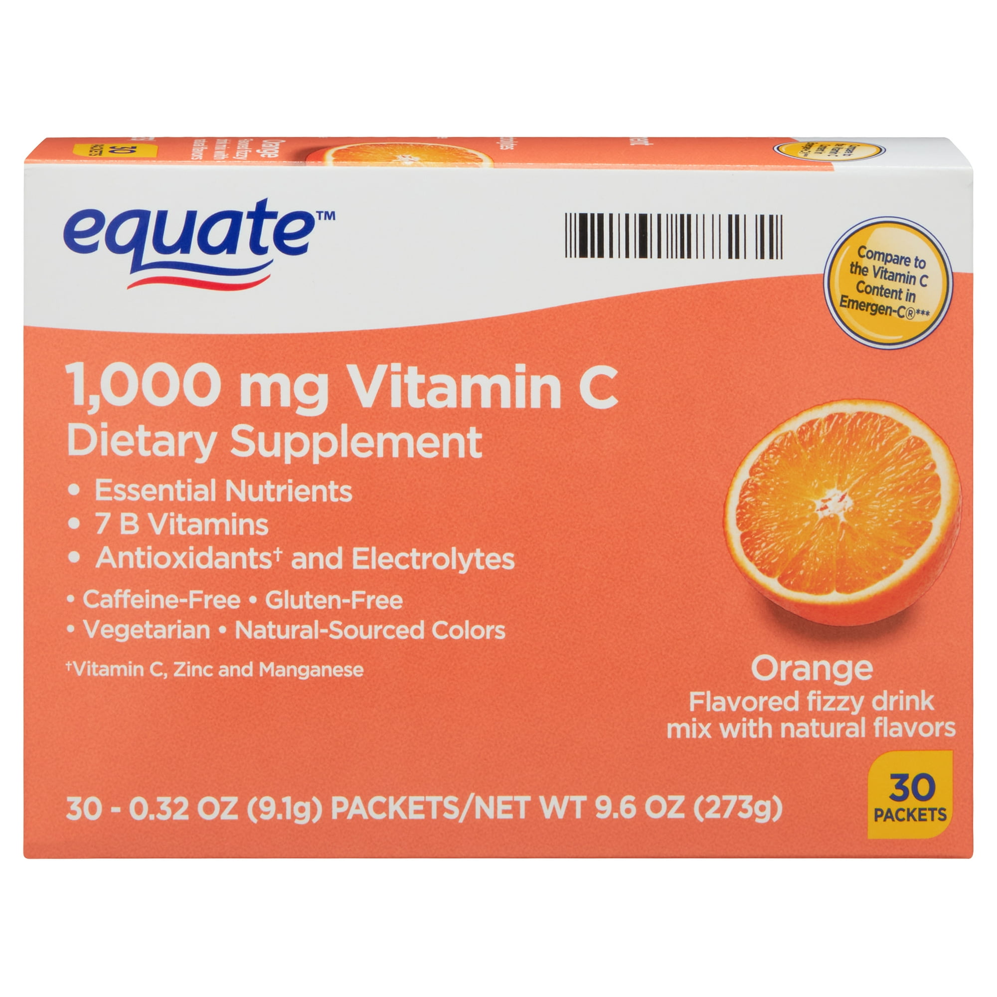 Equate 14+ Vitamin C Powder for Immune Support, Orange Flavor, 1000 mg, 30 Count