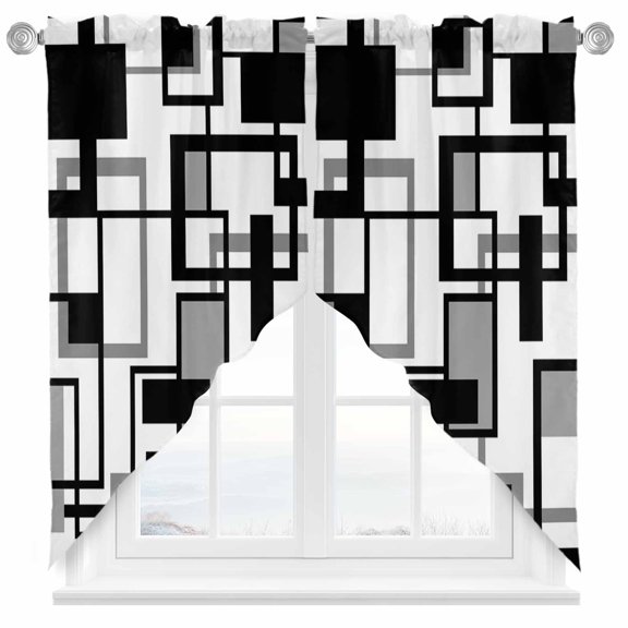 Geometric Black Swag Valances for Windows 2 Pack White and Gray Line Swag Kitchen Curtains 36 Inches Long Rod Pocket Short Window Treatment for Kitchen Bathroom 36"x36"