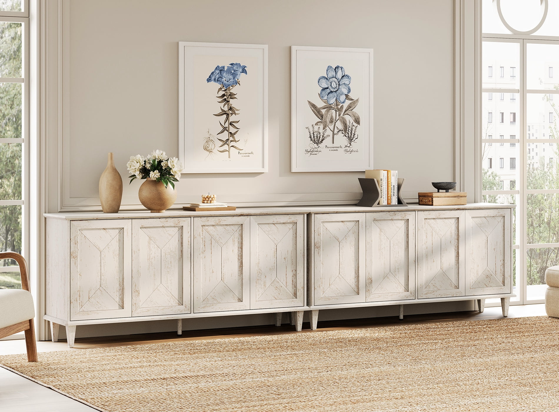 WAMPAT Modern Farmhouse Media Console for 85-130+ inch TVs,130-inch Large Double Unit TV Stand with Handcrafted Patchwork Doors,Massive Storage with Adjustable Shelves & Cable Management, Pale Oak