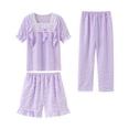 thumbnail image 3 of Bovxnpu Girls Cotton Pajamas Sets, 3 Piece Short Sleeve Shirt Top Pants Shorts Sleepwear, Summer Solid Color Pajamas Home Casual Comfortable Soft Set 9-10 Years, 3 of 7