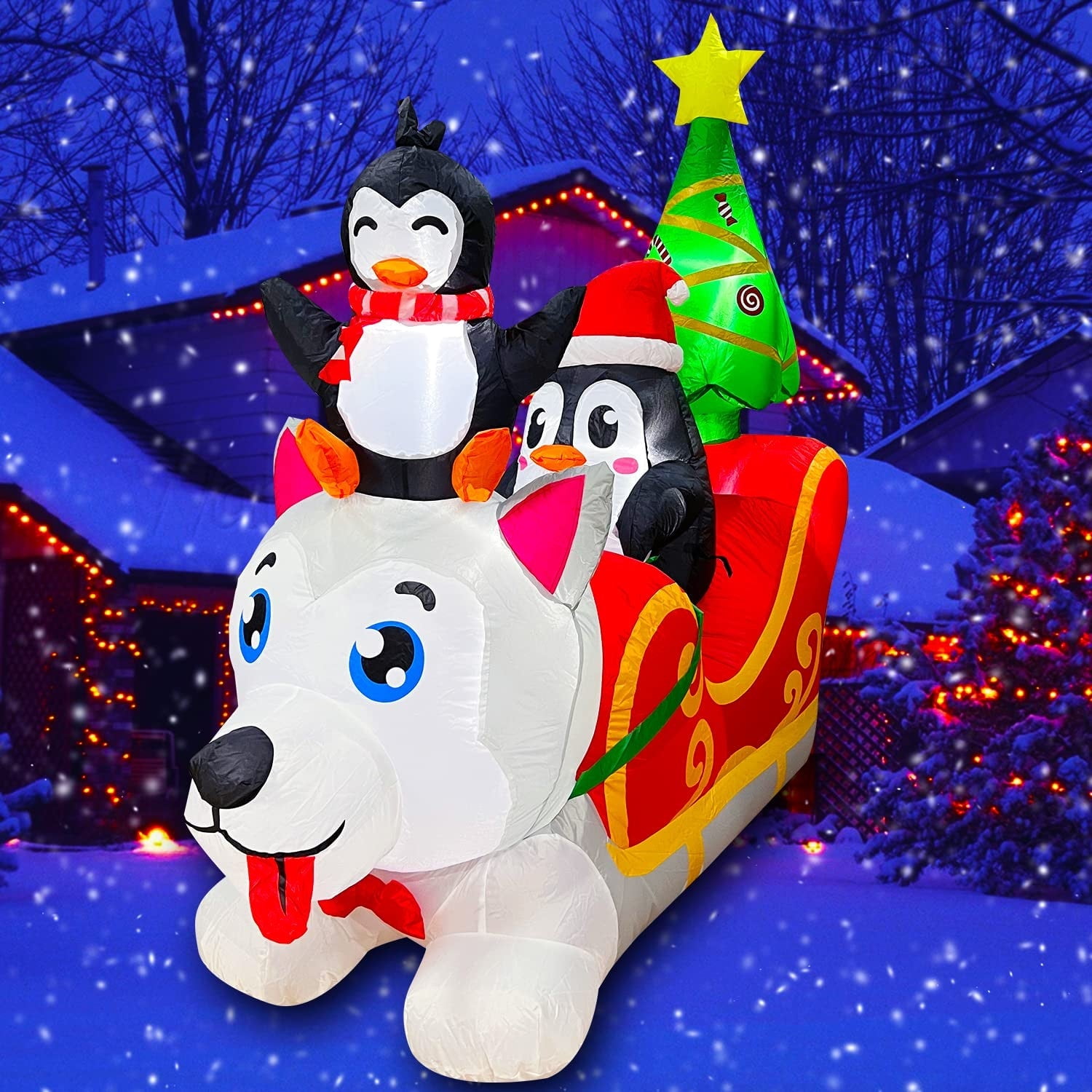 SEASONBLOW Inflatable Christmas Dog Sledding Decoration,with Penguin