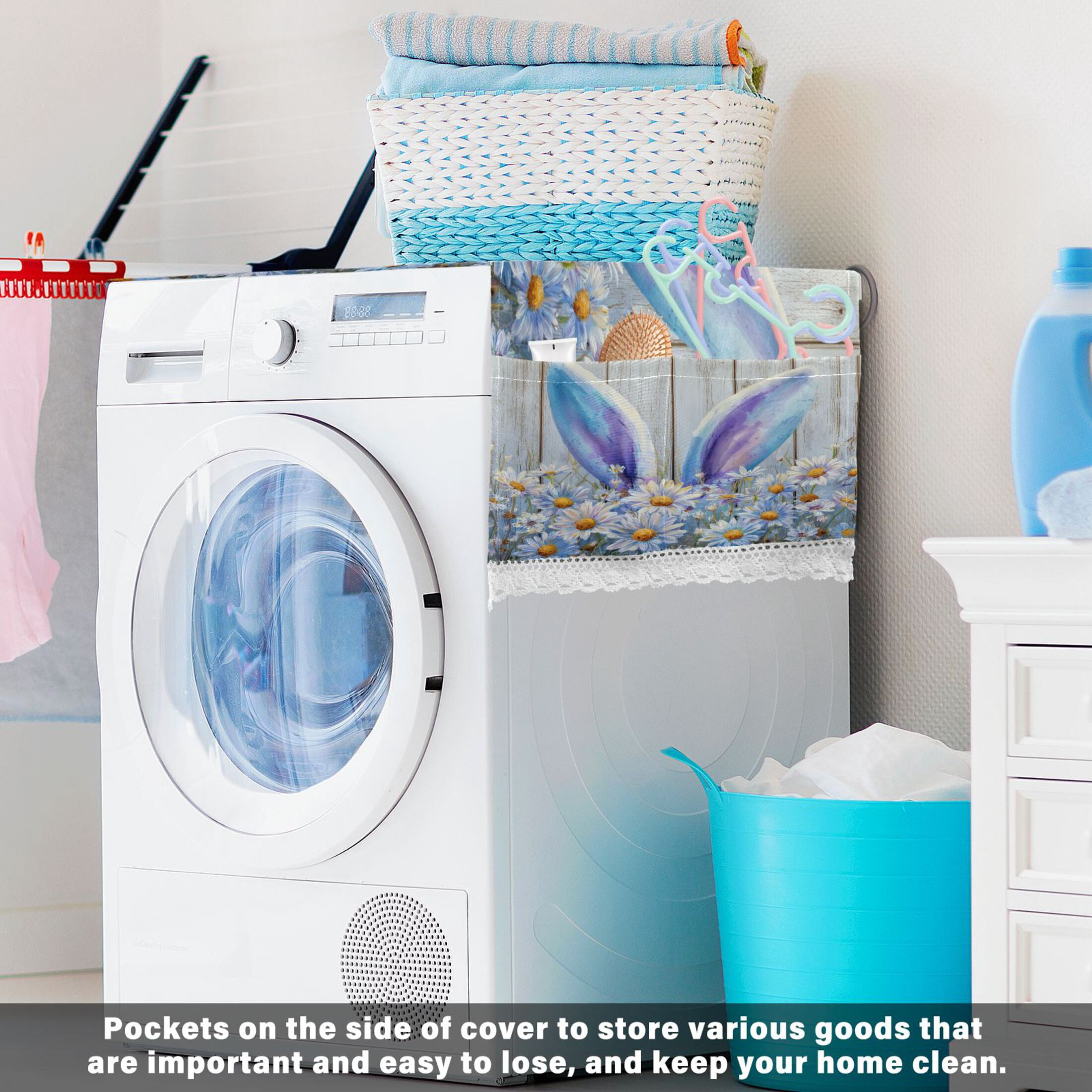 Wobogo Bunny Ears Daisy Washing Machine Cover Dustproof Washer Dryer Cover Waterproof Laundry Room Decorative Protector