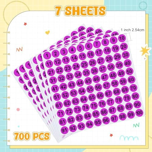 Clabby 700 Pcs Consecutive Number Stickers 1-100 Round Colored Labels 1 Inch Self Adhesive Vinyl Number Decals for Office, Inventory, Storage, Bins(Purple)