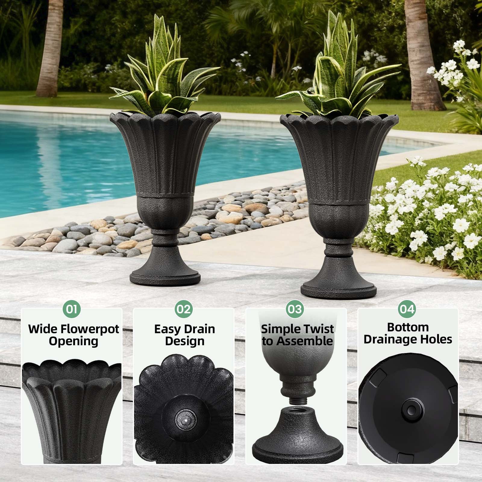 Chiccushion 23.6" Large Urn Planters for Outdoor Plants, Set of 2 Plastic Flower Pot for Wedding Party Bridal Shower Garden Patio Home Decor, Black