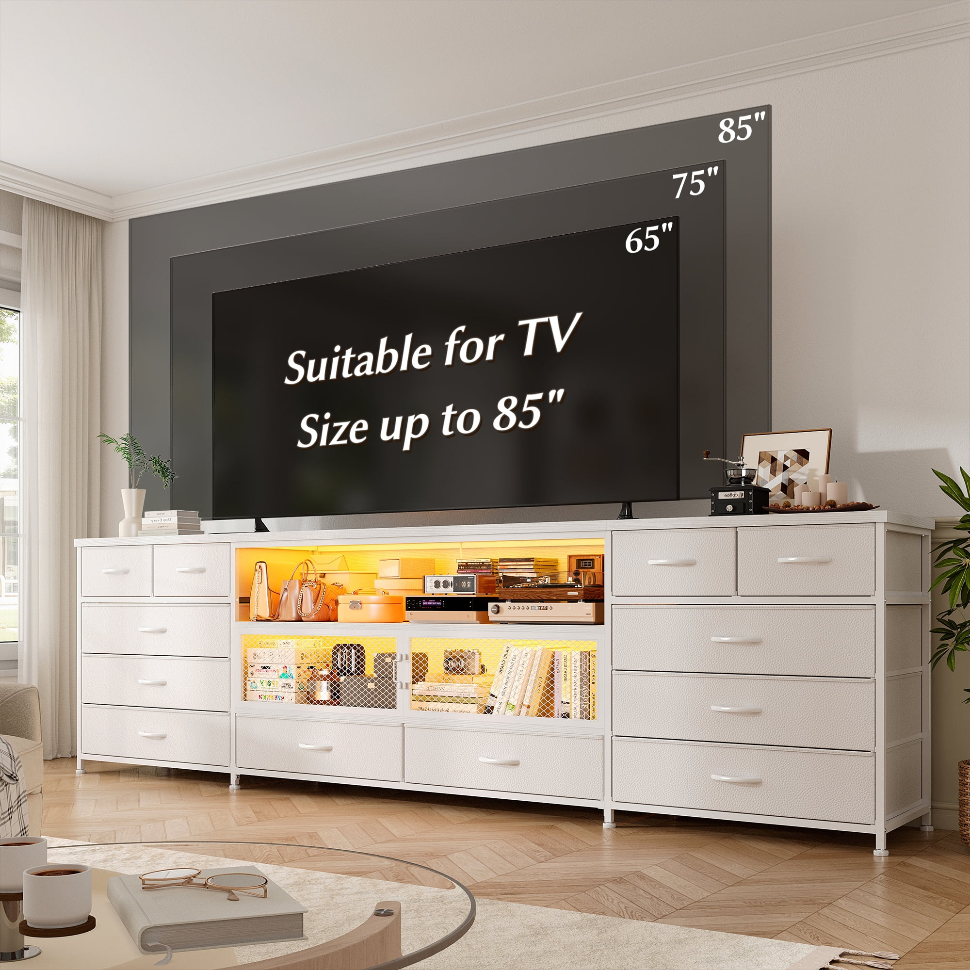 EnHomee TV Stand for Bedroom White Dresser with Drawers TV Console Table with Storage & LED & Charge Station