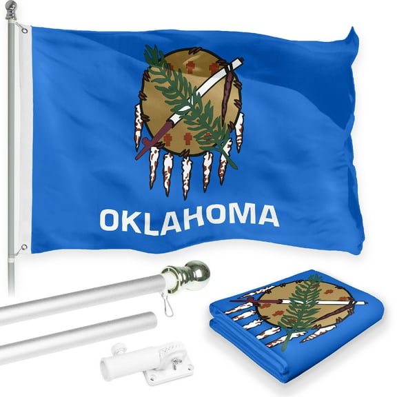 G128 Combo Pack: 6 Feet Tangle Free Spinning Flagpole (Silver) Oklahoma OK State Flag 3x5 ft Printed 150D Brass Grommets (Flag Included) Aluminum Flag Pole