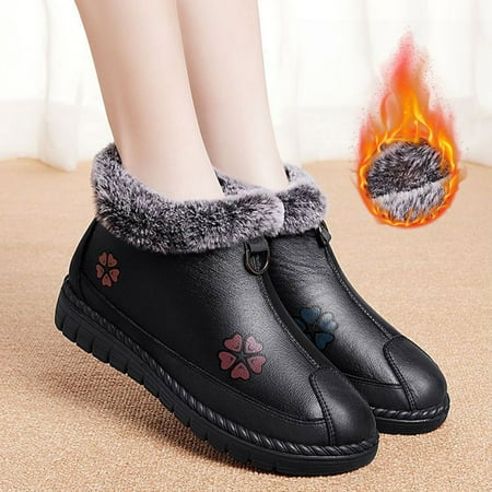 

christmas ladies fashion solid color leather printing medium snow boots plush warm flat cotton boots