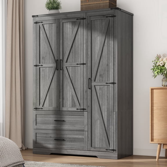 ChVans 70" Farmhouse Armoire Wardrobe Closet with Doors and Drawers, 3 Barn Doors Wardrobe Armoire with Hanging Rods and Multi-Layer Shelves for Bedroom, Grey-70"