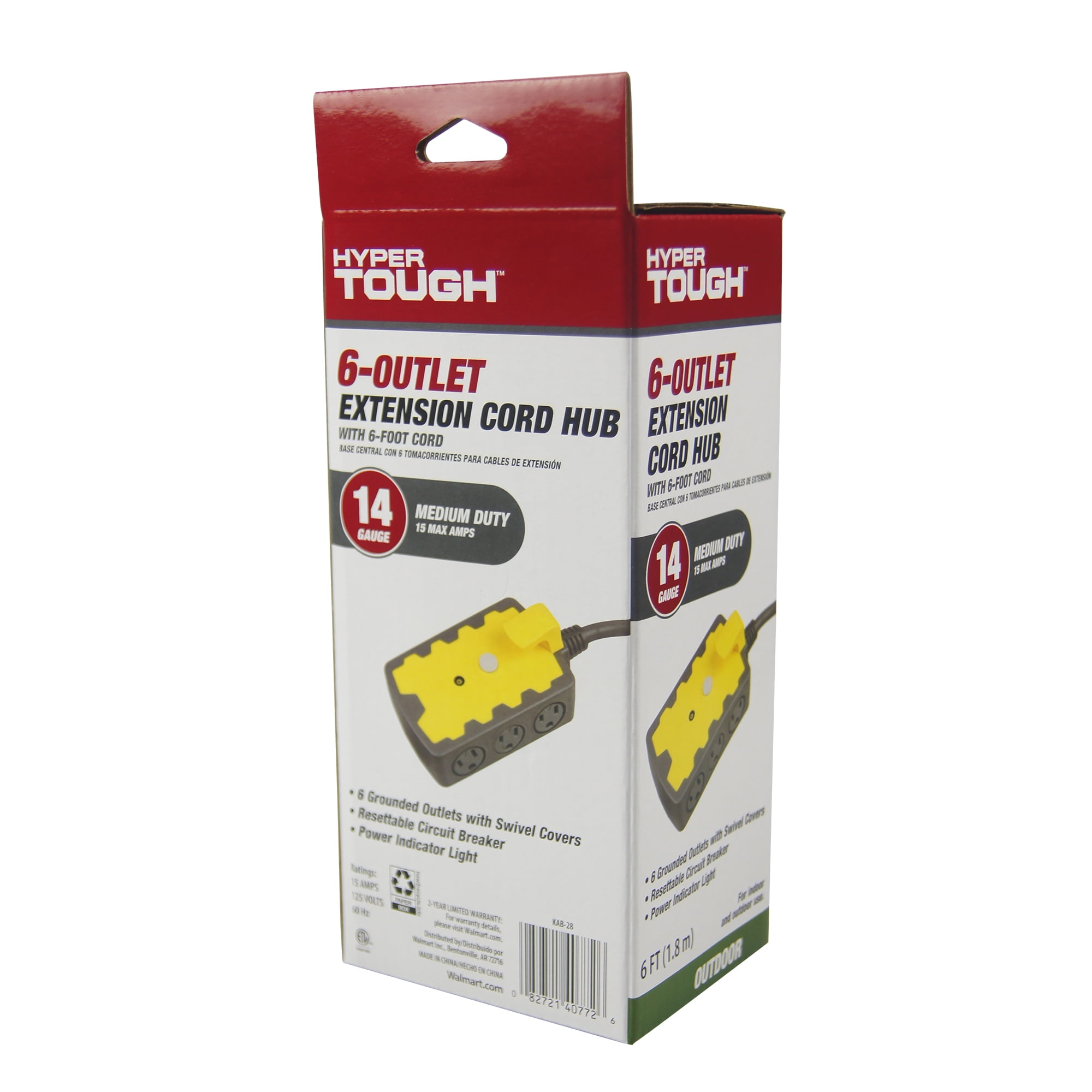 Hyper Tough Outdoor 6-Outlet 6ft Extension Cord Hub, Yellow/Gray