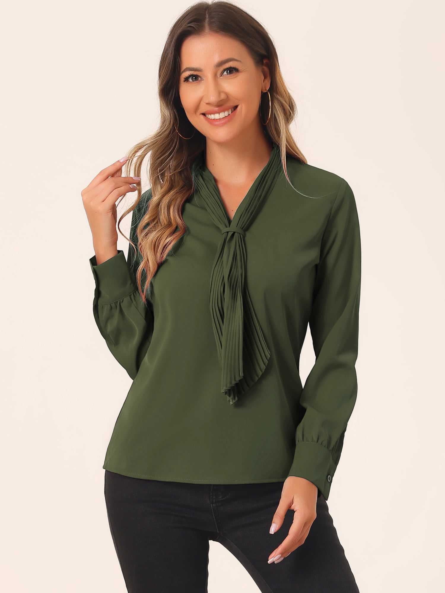 DARING DIVA Tie-Neck Long Sleeve Pleated Tops Shirt XS Army Green