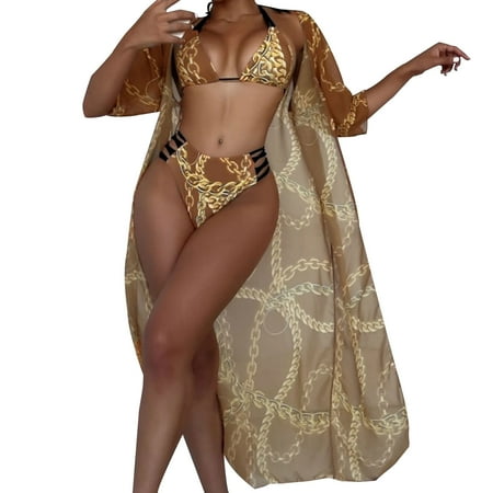 Jamicy Gifts for Girlfriends Women s Printed Bikini with Long Sleeve Cover Up for Swimwear Three-Piece Split Swimsuit Suit Bathing Suit with Cover Up for Women