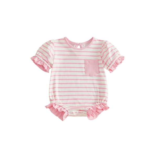 Mono corto de manga corta con cuello redondo y ribete de volantes para bebé niña, ropa informal de verano y primavera.