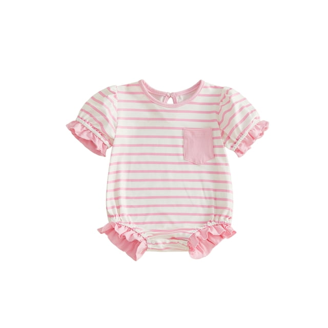 Mono corto de manga corta con cuello redondo y ribete de volantes para bebé niña, ropa informal de verano y primavera.