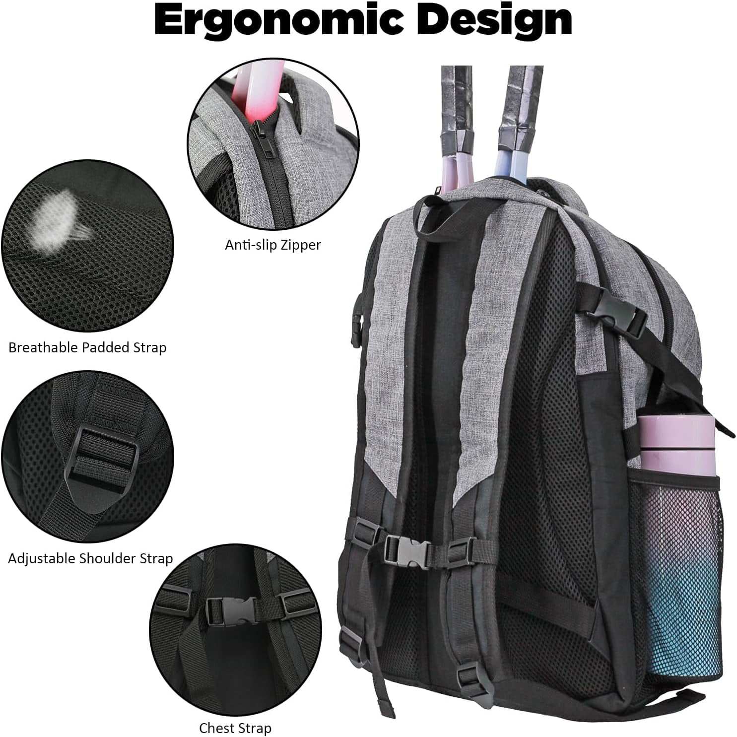 WOLT | Tennis Racket Bag--Men Ball Sports Racket Backpack Polyester Tennis Bag with Ventilated Shoe Compartment Gray