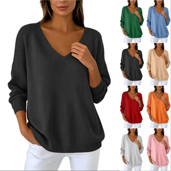 Tqcoqu Women's V‑Neck Knit Sweater, Solid Color Drop Shoulder Long Sleeve Loose Pullover Top, Fall 2026 Going Out Casual Blouse