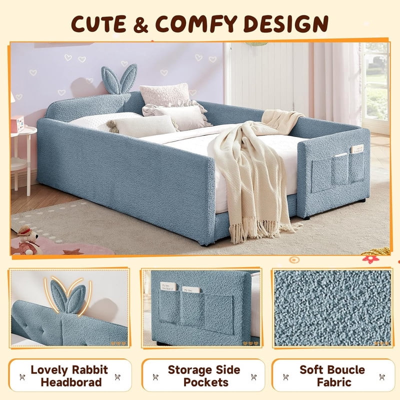 Full Size Upholstered Platform Bed with Rabbit Ear Shaped Headboard, Boucle Fabric Kids Bed with Side Pockets and Safety Guardrail, Space-Saving Corner Bed for Girls, Boys, Teenager
