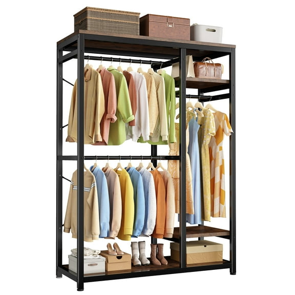 EnHomee Freestanding Clothing Rack Wardrobe Closet with Hanging Rods and Wood Shelves,Heavy Duty Metal Organizer for Bedroom,Entryway,Closet,Rustic