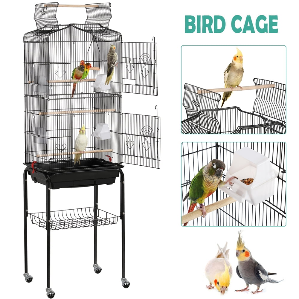 Renwick 64"H Open Top Rolling Metal Birdcage for Budgie Parrot Canary Cockatiel, Black