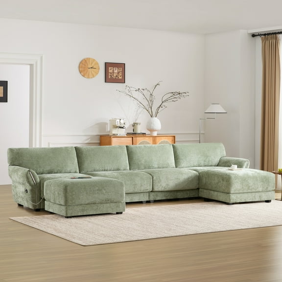 Harper & Bright Designs Modular Sectional Sofa Set with 2 Ottoman, 4-Seat U-Shaped Couch with Wide Seat, Chenille Upholstered Sectional Sofe with USB and Charger & Petal Armrest, Green