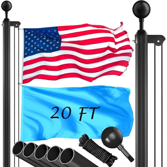 Flag Pole Kit 20FT, 90MPH Wind Resistance, 1.8mm Thickness Heavy Duty Flag Poles with 3x5 American Flag, Black Flag pole for Outdoor House In Ground, Extra Thick Flagpoles