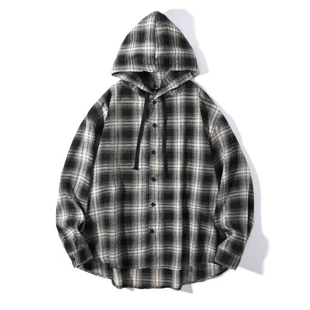 Blusa de manga larga con capucha para hombre, estilo holgado, a cuadros, con botones y cordón ajustable, de poliéster.