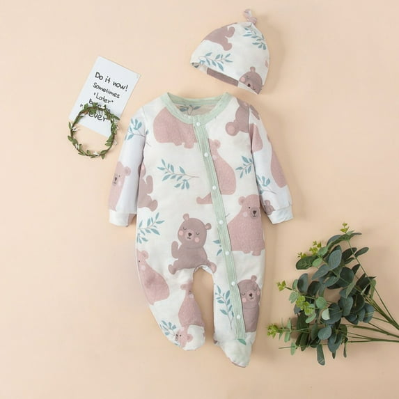 URMAGIC 0-12M Baby Boy Girls Long Sleeve Footed Jumpsuit Tops and Hat Clothes