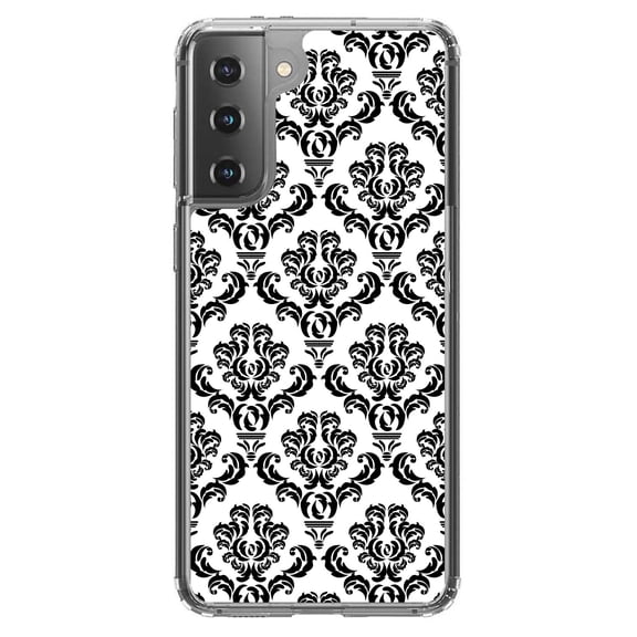 DistinctInk Clear Shockproof Hybrid Case for Galaxy S21 5G (6.2" Screen) - TPU Bumper, Acrylic Back, Tempered Glass Screen Protector - White Black Damask - Floral Damask