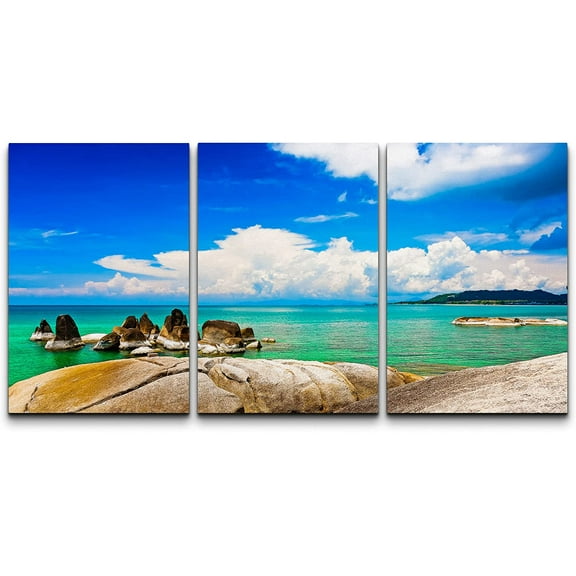 wall26 Canvas Print Wall Art Set Teal Tropical Ocean Sea Island Paradise Nature Wilderness Photography Realism Rustic Landscape Colorful for Living Room, Bedroom, Office - 24"x36" x 3