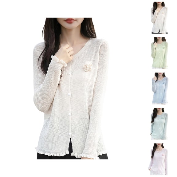 Stylish Cardigan With Ruffle Edges And Floral Knit Design For Versatile Layering And Comfort Cardigan Sweaters for Women