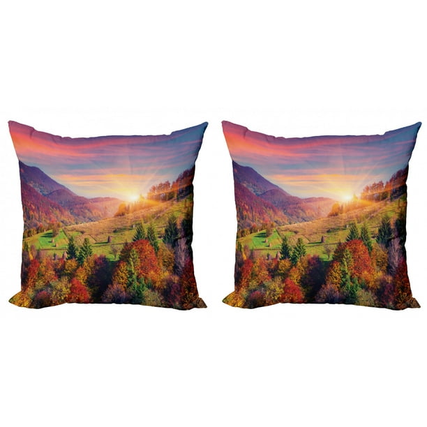 Nature Throw Pillow Cushion Cover Pack of 2, Pastoral Autumn Morning in Mountain Village Fall