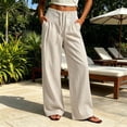 thumbnail image 2 of Women's Cotton Blend Straight Leg Pants with Pockets, Mid Elastic Waist, Soft Loose Fit, Casual Business Beach, Cropped Pants | VerBelle,Beige L, 2 of 7