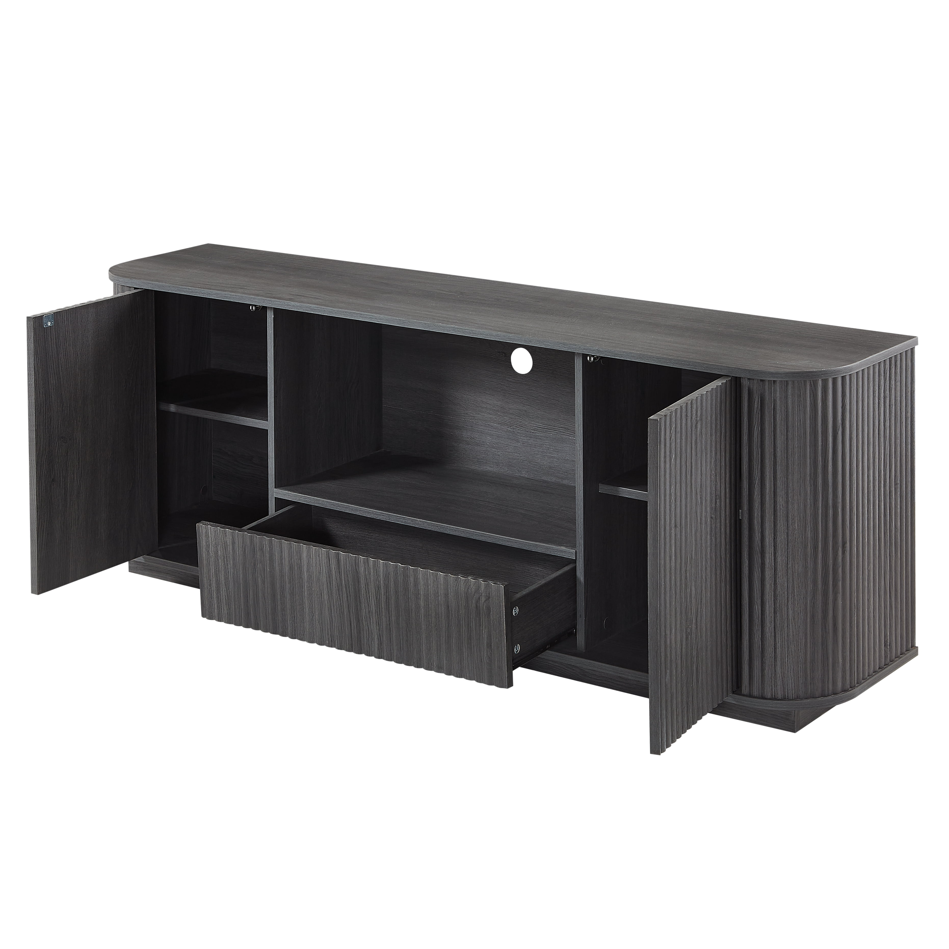 TrumanPick 64" Fluted TV Stand, Modern Chic Entertainment Center for TVs Up to 75 inches, TV Console with Wooden Vertical Stripe, Curved Profile Design, Media Console for Living Room, Black