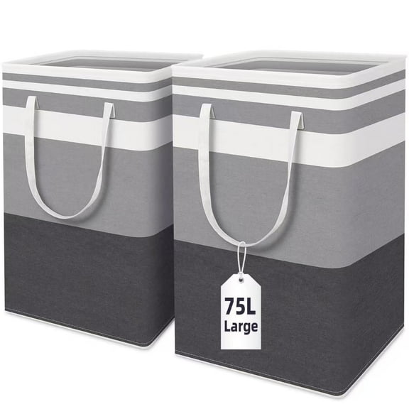 Brotasdro 2-Pack Large 75L Laundry Baskets, Collapsible, Waterproof, Reinforced Handles, Gray