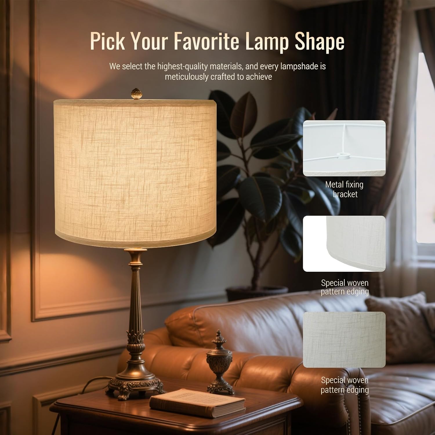 Drum Lamp Shades Set of 2, White Large Lampshades 15" Top X 15" Bottom X 12" Height, Large Lampshades Spider Fitter, Natural Linen Lamp Shade, Easy Assembly Required with 2 Lampshade Holders