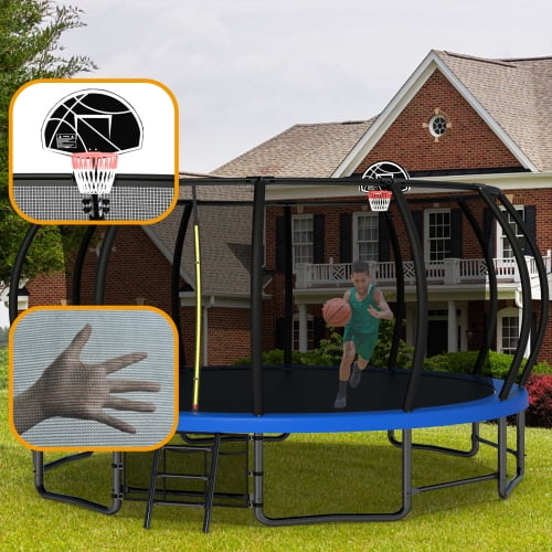 Leumius Trampolining Outdoor Trampoline, 16 ft Round Frame, 12 Curved Poles, Ladder & Basketball Hoop, 1323 lb Total Capacity, 330 lb Single User