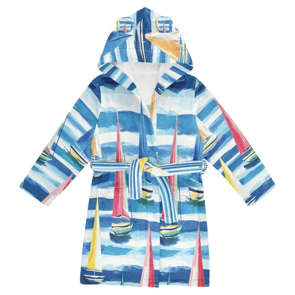 FORMRS Niños Bathrobe Unisex Hooded Robe Soft Plush Pajamas Sleepwear, Size 2-3T, Green Sailboats