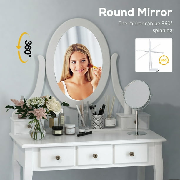 HOMCOM – Ensemble de coiffeuse avec miroir rond, table de