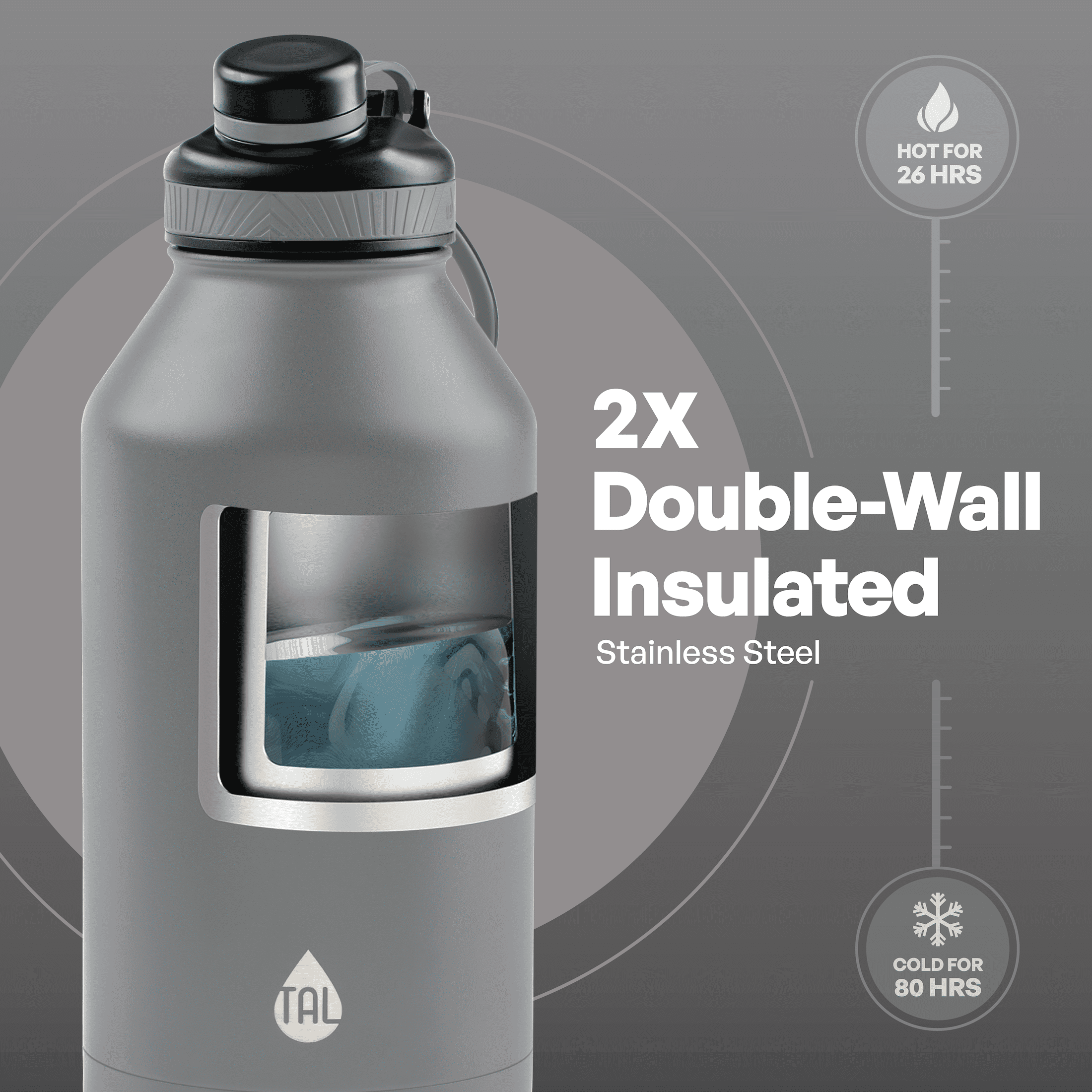 TAL Stainless Steel Ranger Water Bottle 64oz, Gray