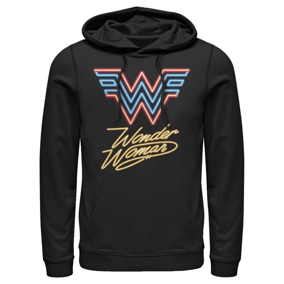 Men's Wonder Woman 1984 Neon Logo Glow  Pull Over Hoodie Black Large