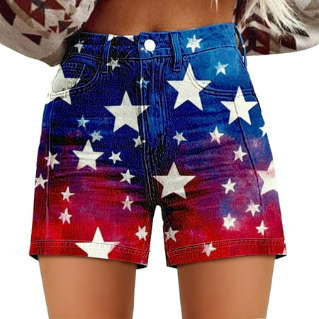 Outfmvch American Flag Shorts shorts for Woman swim Trunks athletic Shorts gym Shorts independence Day High Waisted Twill Shorts with Loose Fit Artistic Retro Print and Pocket Shorts Blue M